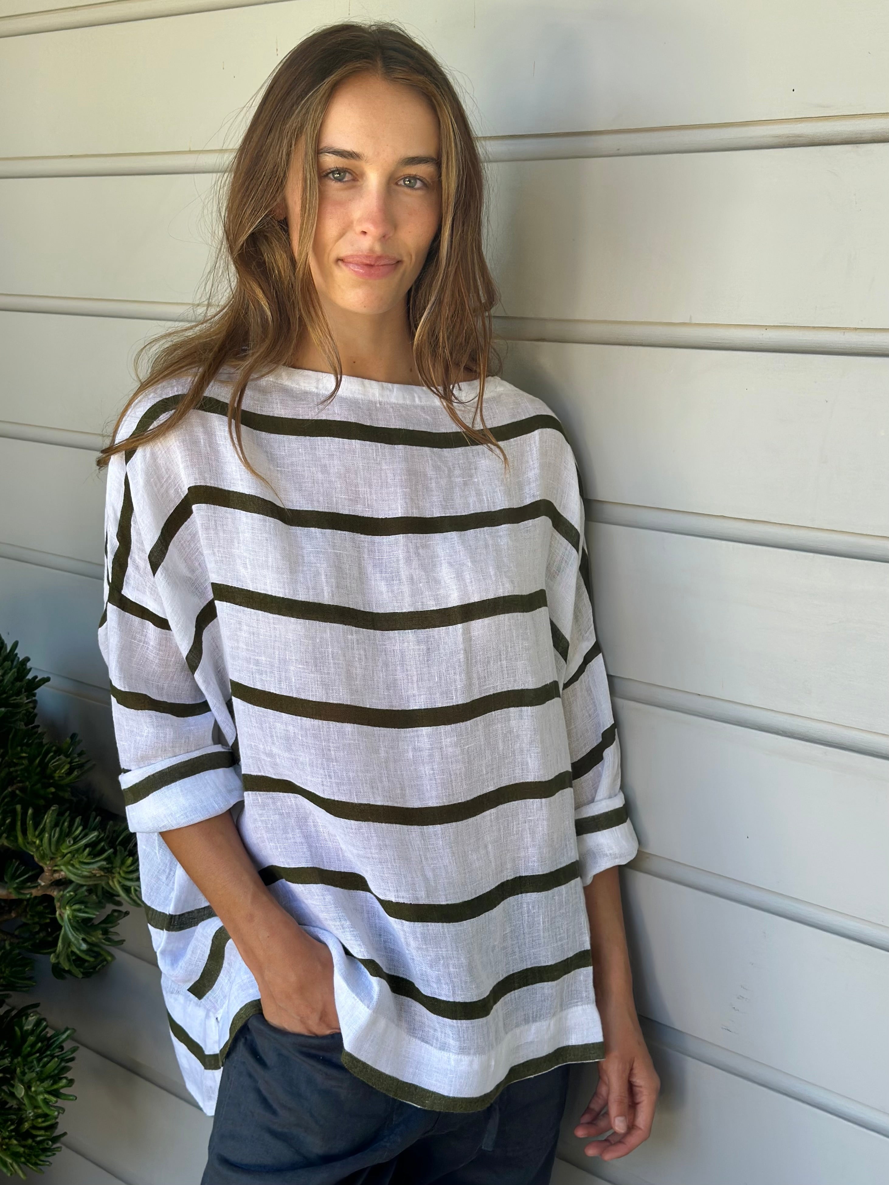 avril top - wide army stripe linen