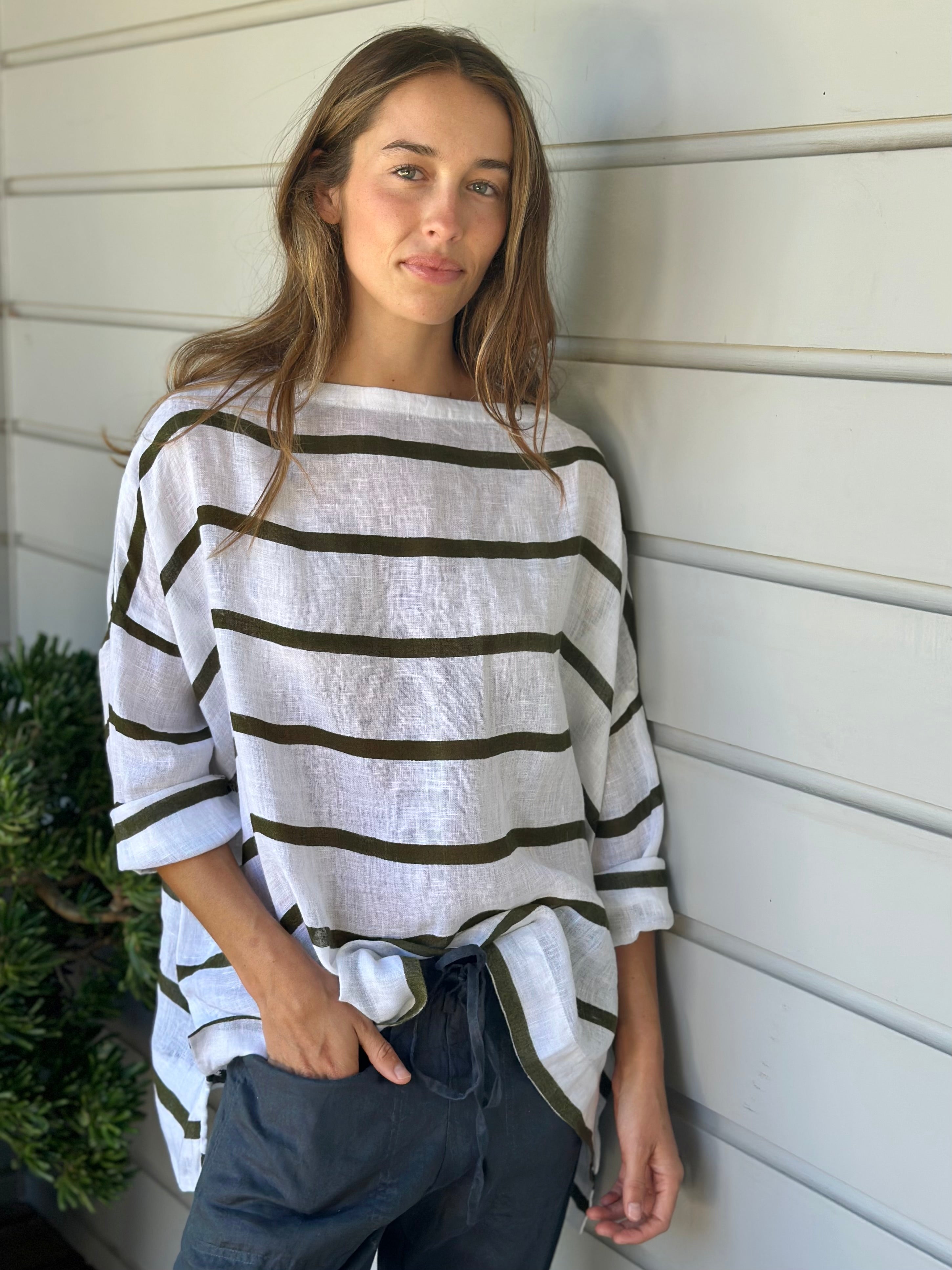 avril top - wide army stripe linen - Image 2
