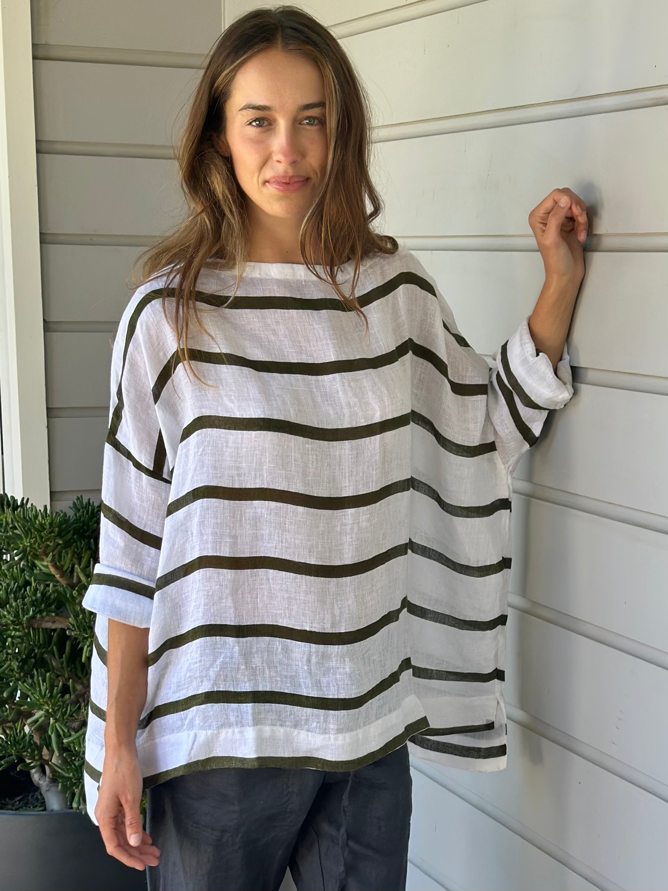 avril top - wide army stripe linen - Image 4